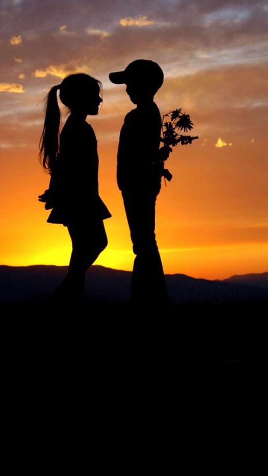 Silhouette of a couple standing face to face at sunset with flowers HD phone wallpaper