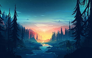 Stylized Digital Art of a Serene Forest River at Sunset with Pine Trees and Mountains HD wallpaper