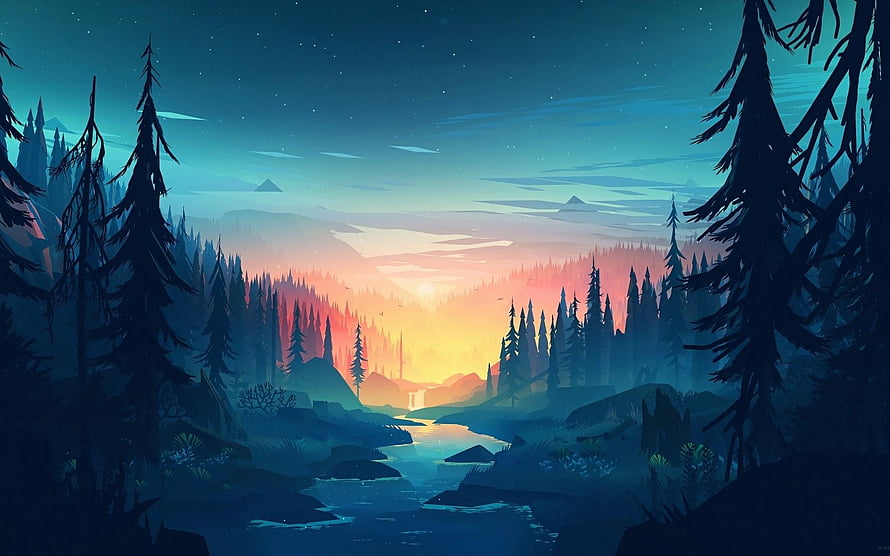 Stylized Digital Art of a Serene Forest River at Sunset with Pine Trees and Mountains HD wallpaper