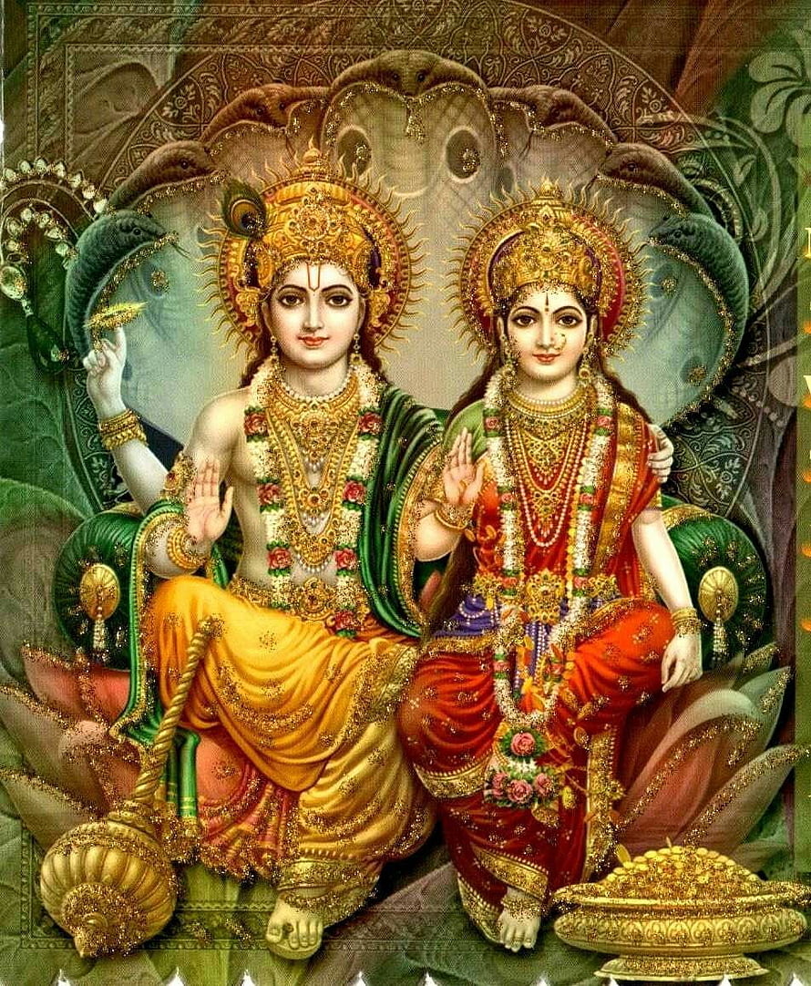 Lord Vishnu and Goddess Lakshmi Seated on Lotus Throne in Traditional Indian Art HD phone wallpaper