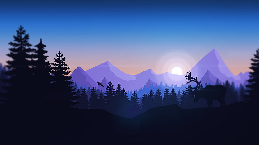 Silhouette Deer and Pine Forest Against Purple Mountain Range at Twilight HD wallpaper