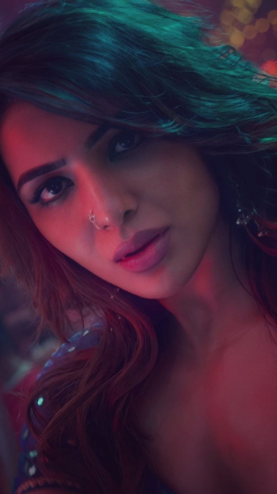 Samantha Akkineni Neon Portrait with Dramatic Red and Teal Lighting HD phone wallpaper