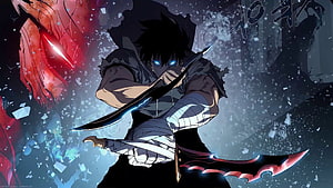 Sung Jin Woo from Solo Leveling Wielding Dual Blades in Dark Combat Scene HD wallpaper