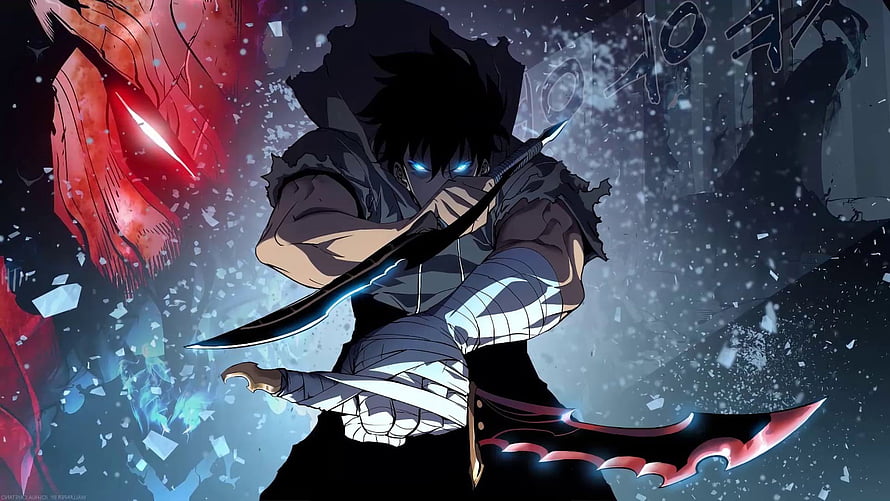 Sung Jin Woo from Solo Leveling Wielding Dual Blades in Dark Combat Scene HD wallpaper