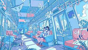 Underwater Train Car with Two Students in a Dreamy Blue Anime Illustration HD wallpaper