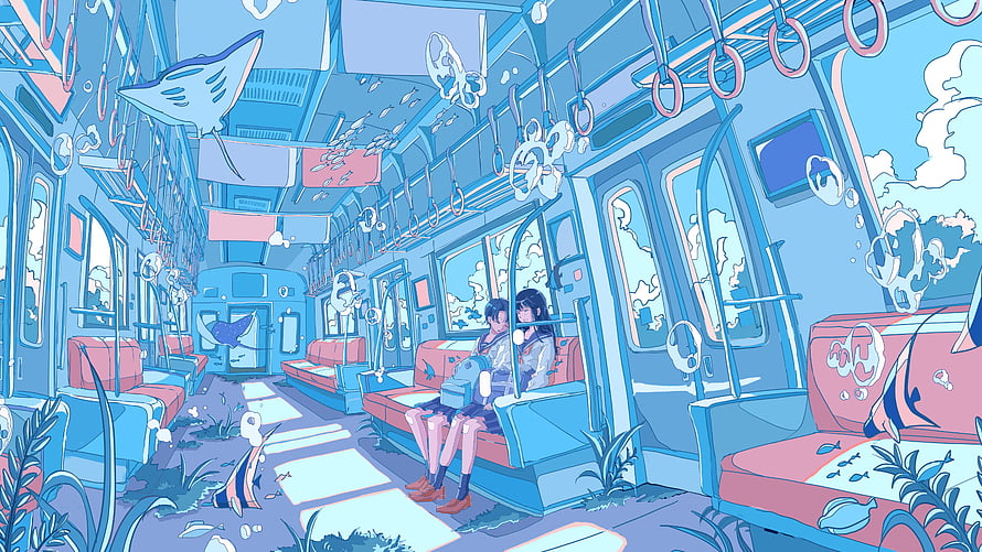 Underwater Train Car with Two Students in a Dreamy Blue Anime Illustration HD wallpaper