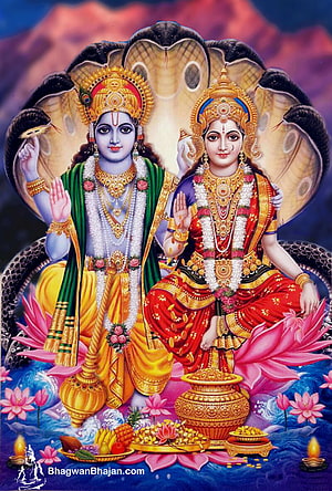 Laxmi Narayan Divine Couple Seated on Lotus with Snake Canopy and Golden Offerings HD phone wallpaper