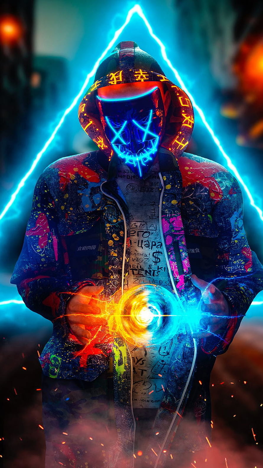 Cyberpunk Hooded Figure with Neon Mask and Glowing Energy Sphere HD phone wallpaper