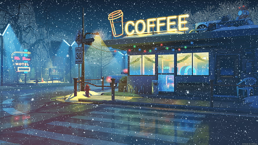 Cozy Snowy Night Street Scene With Glowing Coffee Shop Sign And Falling Snowflakes HD wallpaper