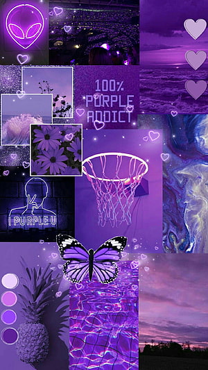 Purple Aesthetic Collage with Neon Butterfly, Flowers, and I Purple U Text HD phone wallpaper