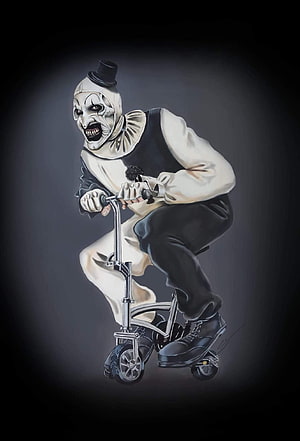 Art the Clown from Terrifier Riding a Scooter in Dark Digital Illustration HD phone wallpaper
