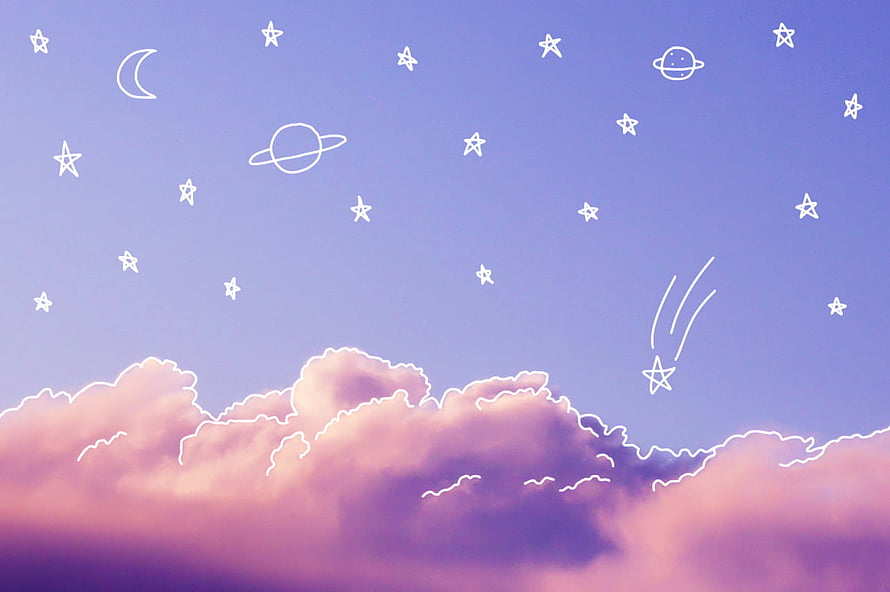 Pastel Dreamy Sky with Hand-Drawn Stars, Planets, and Soft Pink Clouds HD wallpaper