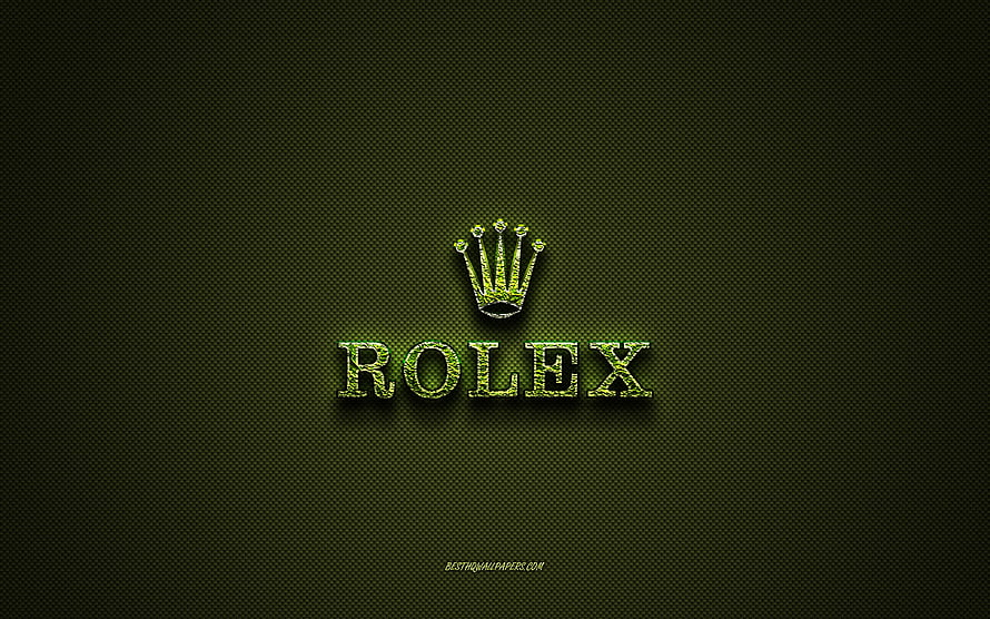 Rolex Crown Logo with Green Floral Texture on Dark Carbon Fiber Background HD wallpaper