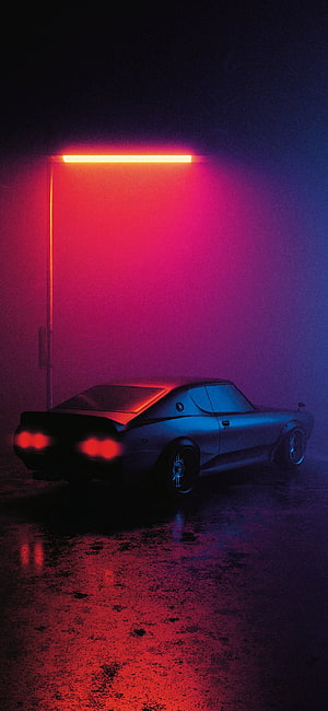 Classic Coupe Under Neon Glow in Foggy Night Scene HD phone wallpaper