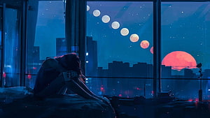 Melancholic Figure Watching Moon Phases Over a Neon City at Night HD wallpaper