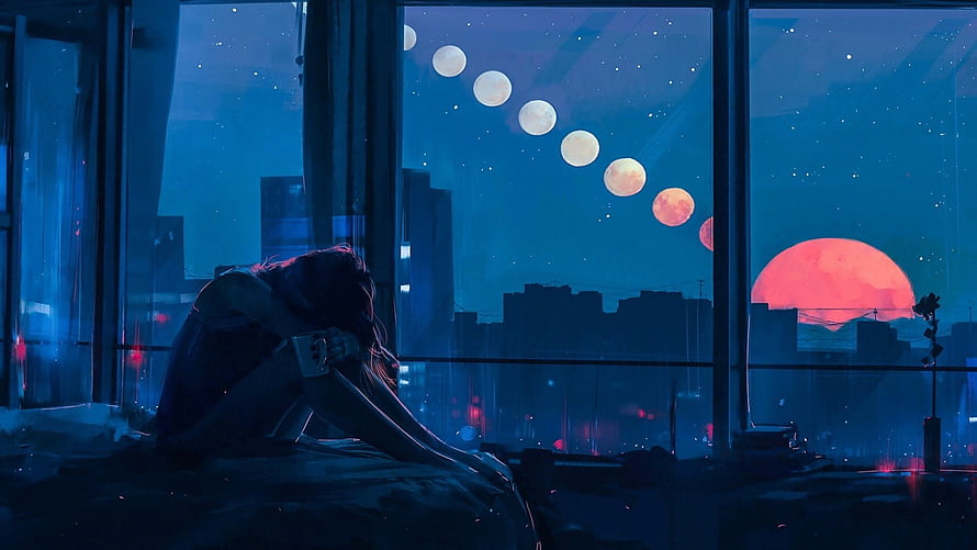 Melancholic Figure Watching Moon Phases Over a Neon City at Night HD wallpaper