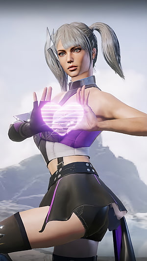 Silver-Haired Female Character Channeling Purple Energy in Futuristic Combat Outfit HD phone wallpaper