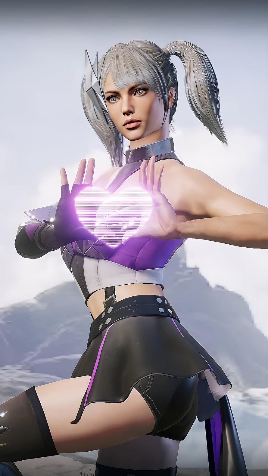 Silver-Haired Female Character Channeling Purple Energy in Futuristic Combat Outfit HD phone wallpaper