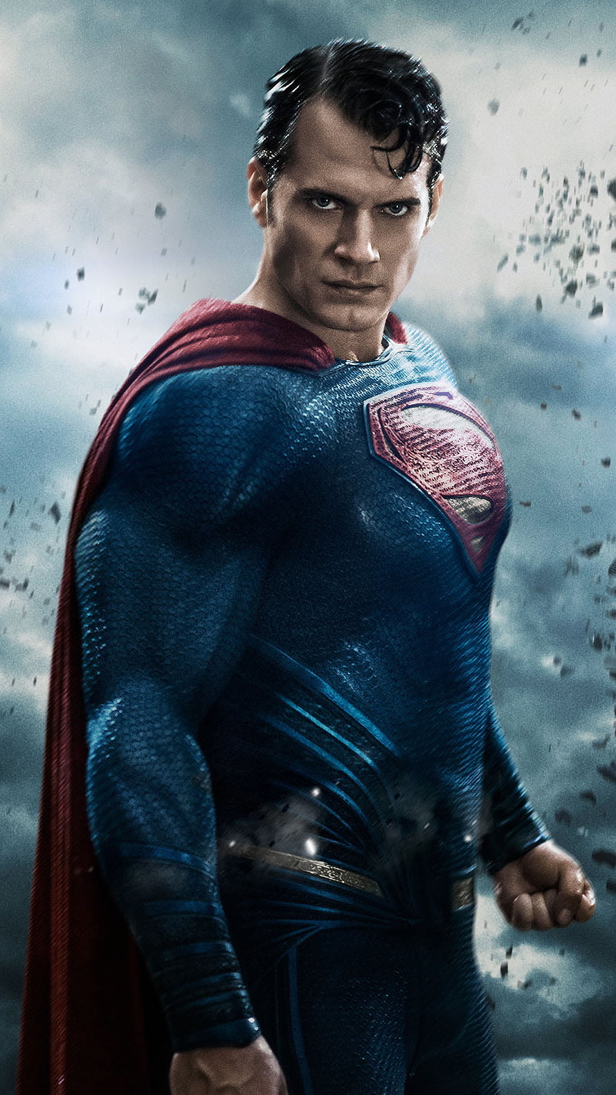Henry Cavill as Superman in Justice League cinematic portrait with textured blue suit and red cape HD phone wallpaper