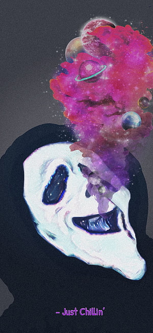 Ghostface Scream Mask with Cosmic Nebula Smoke and Planets HD phone wallpaper
