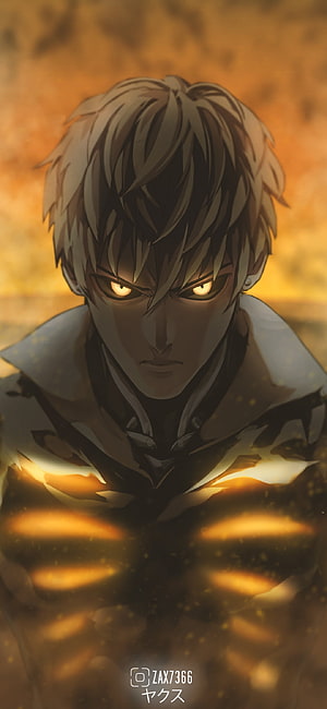 Genos from One Punch Man with glowing golden eyes and fiery aura in dramatic anime portrait HD phone wallpaper