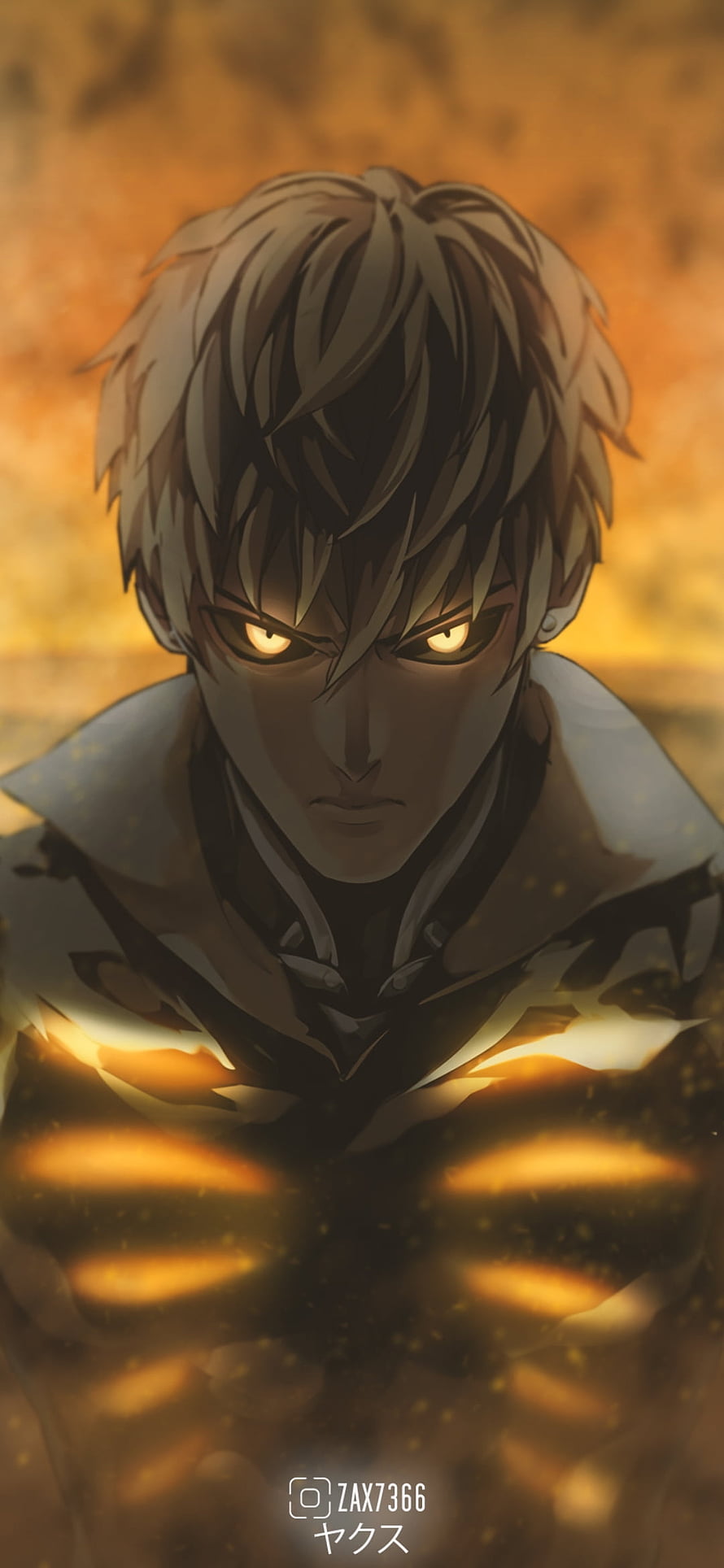 Genos from One Punch Man with glowing golden eyes and fiery aura in dramatic anime portrait HD phone wallpaper
