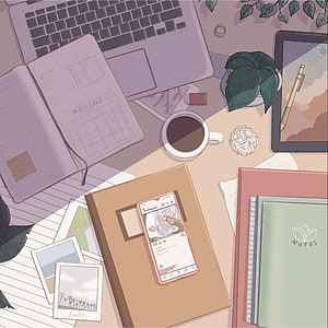 Pastel Lofi Desk Setup Illustration With Laptop, Planner, Coffee, and Smartphone HD phone wallpaper