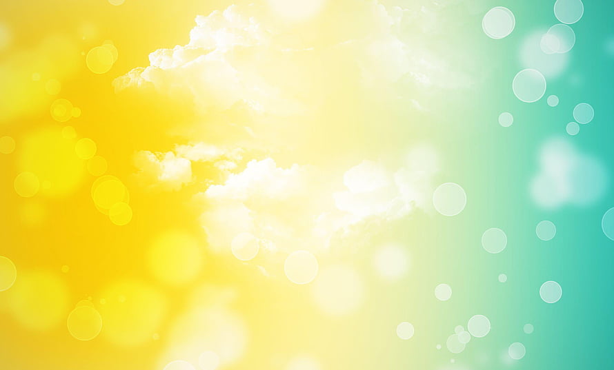 Vibrant Yellow and Teal Sky with Soft Bokeh Circles and Fluffy Clouds HD wallpaper