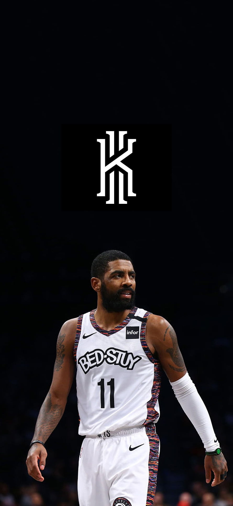 Kyrie Irving in Brooklyn Nets Bed-Stuy Jersey with Stylized Logo on Black Background HD phone wallpaper