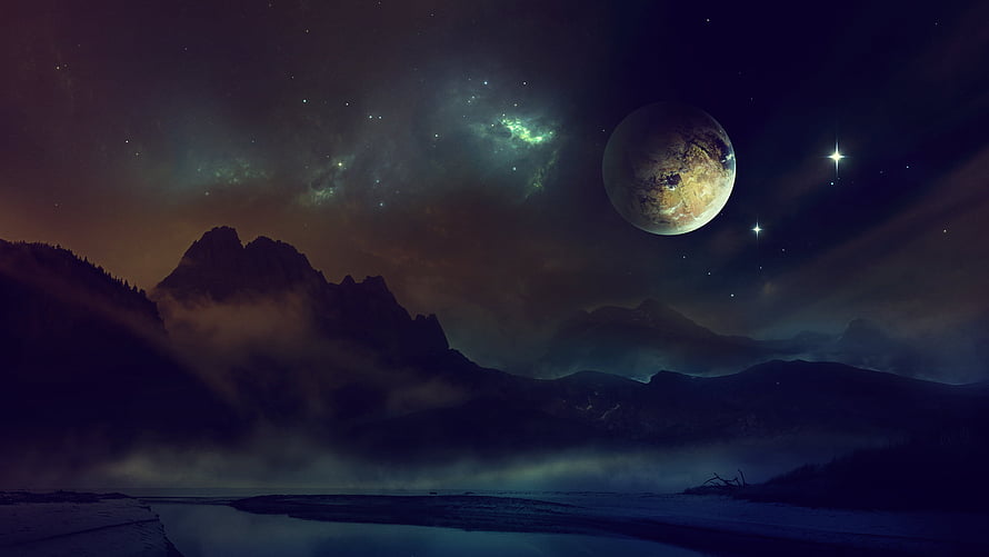 Misty Mountain Landscape Under a Starry Night Sky with a Large Planet and Nebula HD wallpaper