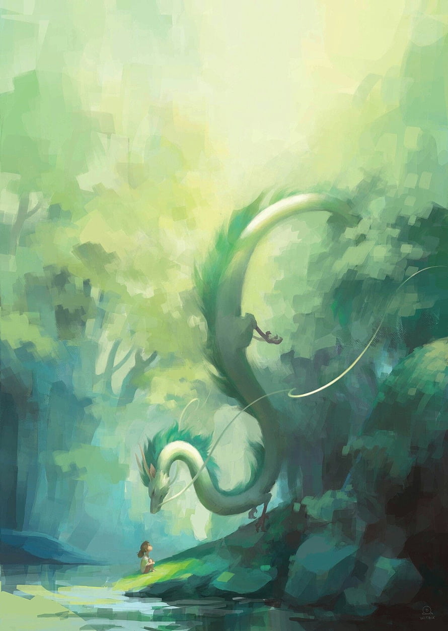 Haku Dragon and Chihiro in a Lush Green Forest from Spirited Away Studio Ghibli HD phone wallpaper