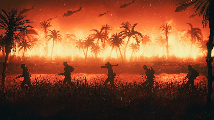 Vietnam War Soldiers Advancing Through Burning Jungle With Helicopters HD wallpaper