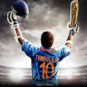 Sachin Tendulkar Celebrating Victory in Blue Cricket Jersey with Bat and Helmet Raised HD phone wallpaper