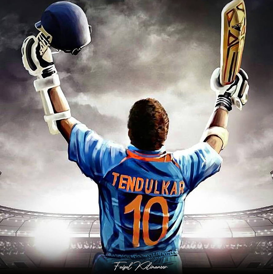 Sachin Tendulkar Celebrating Victory in Blue Cricket Jersey with Bat and Helmet Raised HD phone wallpaper