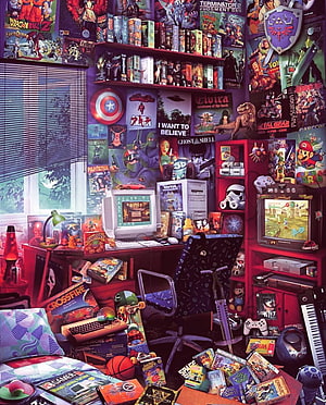 Retro Gaming Room Interior With Vintage Consoles, Posters, and Collectibles HD phone wallpaper