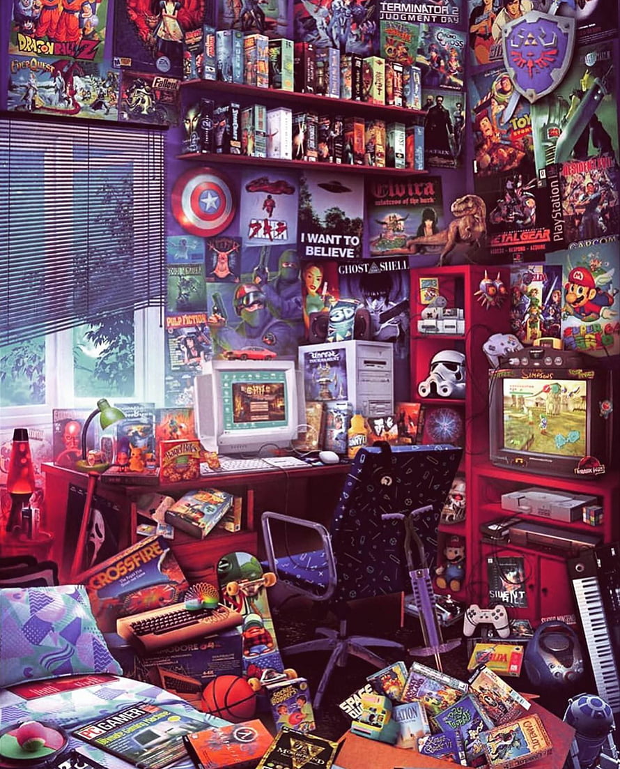 Retro Gaming Room Interior With Vintage Consoles, Posters, and Collectibles HD phone wallpaper