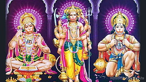 Lord Hanuman Triad Depiction with Ganesha and Shiva in Traditional Indian Art Style HD wallpaper