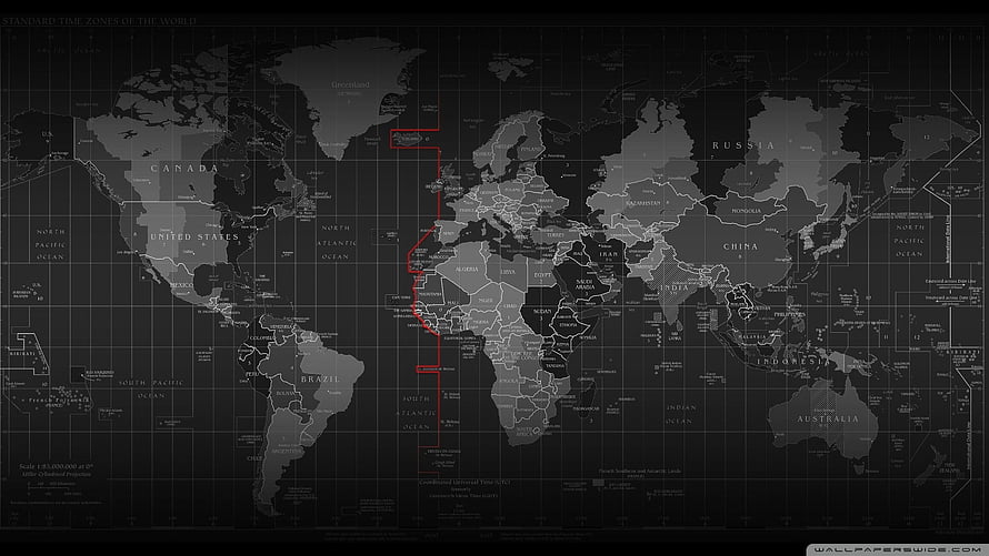 Dark World Time Zone Map with Red Prime Meridian Line and Country Borders HD wallpaper
