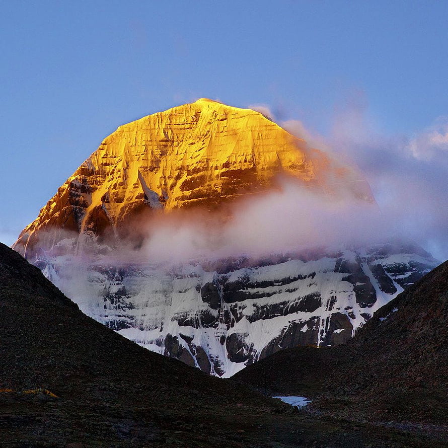 Mount Kailash Golden Summit at Sunrise with Snow and Clouds HD phone wallpaper