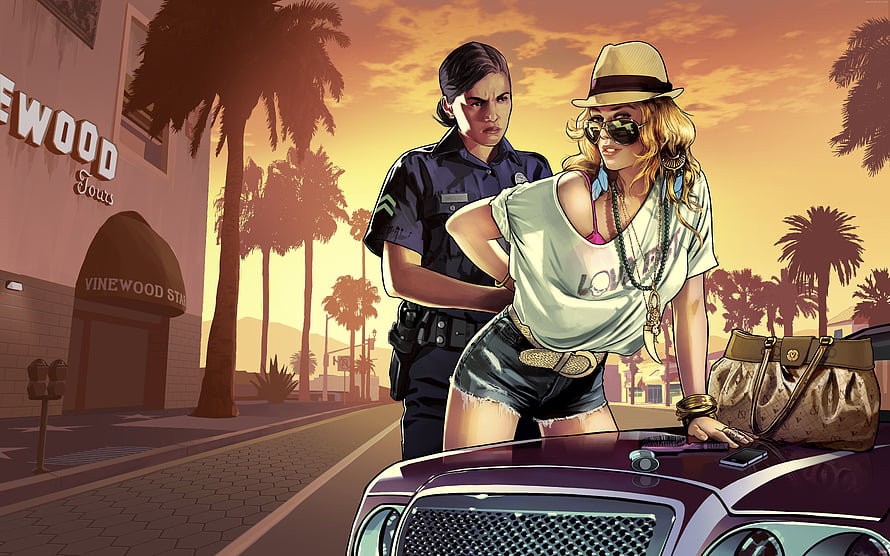 GTA San Andreas Artwork: Female Officer and Blonde Woman Leaning on Car at Sunset in Vinewood HD wallpaper