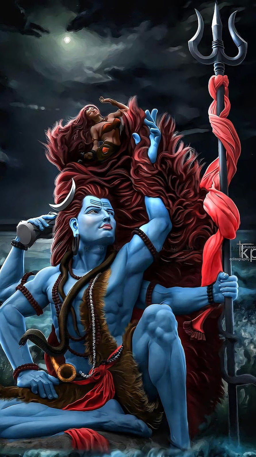 Lord Shiva Reclining With Trishula And Sati Under Moonlit Stormy Sky HD phone wallpaper