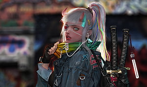 Cyberpunk Demon Girl Warrior With Dual Katanas And Neon Hair HD wallpaper