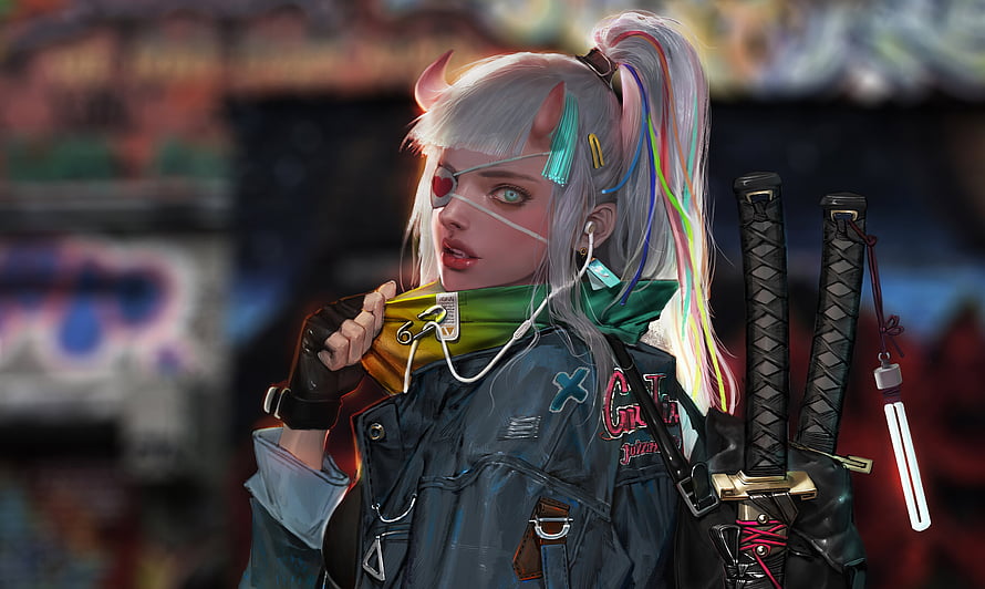 Cyberpunk Demon Girl Warrior With Dual Katanas And Neon Hair HD wallpaper