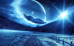 Giant Gas Giant Over Snowy Winter Mountains and Frozen Lake at Night HD wallpaper