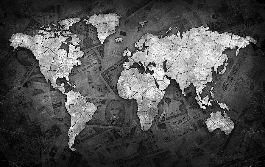 Grayscale World Map Overlay on Cracked Currency Banknotes Background HD wallpaper