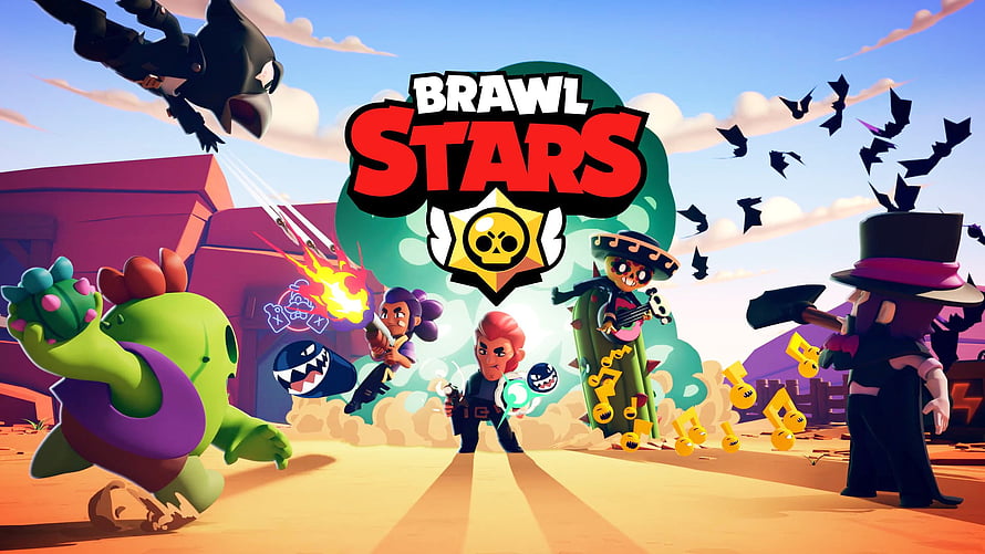 Brawl Stars Halloween Brawlers in Desert Arena with Bats and Music Notes HD wallpaper