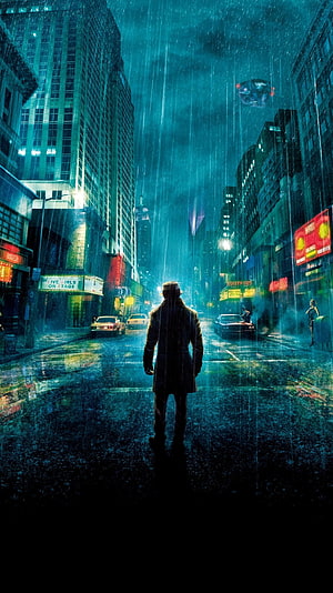 Rorschach Standing in Rainy City Street from Watchmen Movie Poster Art HD phone wallpaper