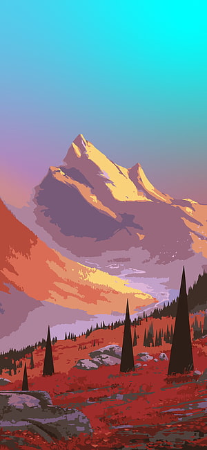 Stylized Digital Art of a Mountain Peak at Sunset with Pine Forest and Autumn Foliage HD phone wallpaper