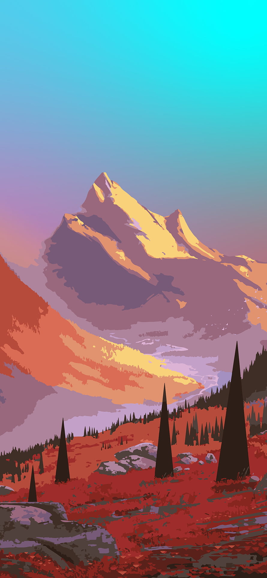 Stylized Digital Art of a Mountain Peak at Sunset with Pine Forest and Autumn Foliage HD phone wallpaper