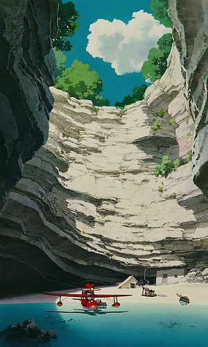 Studio Ghibli Secluded Cavern Beach With Red Seaplane And Lush Green Canopy HD phone wallpaper